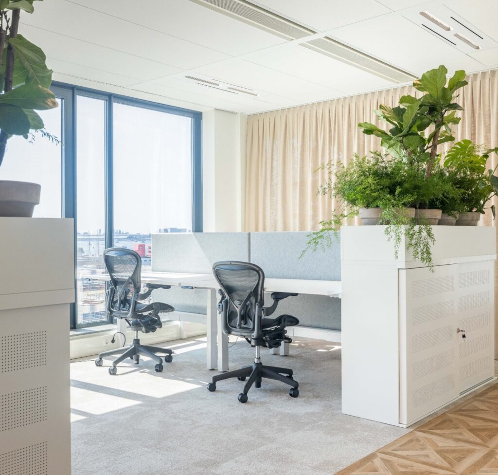 Moderne en lichte kantooruimte aan de Mt. Lincolnweg met ergonomische bureaustoelen, grote ramen en veel groene planten.